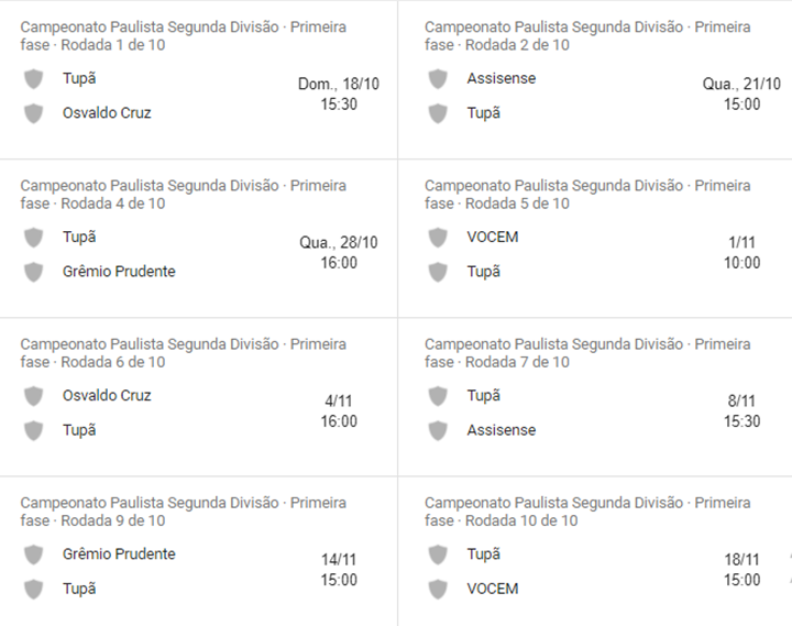Tabela com os próximos jogos do Campeonato Paulista da Segunda Divisão.