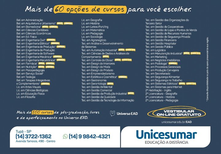 Cursos oferecidos pela instituição.