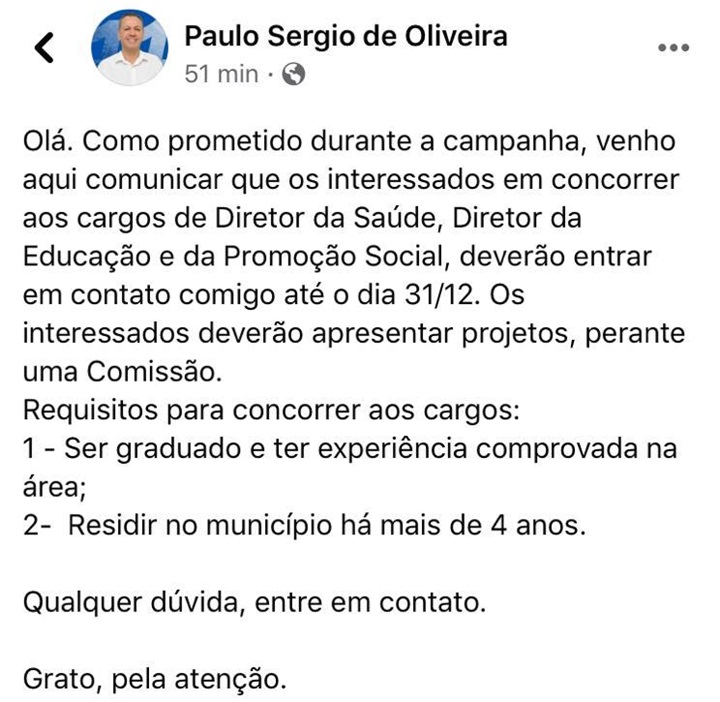Publicação nas redes sociais do prefeito eleito.