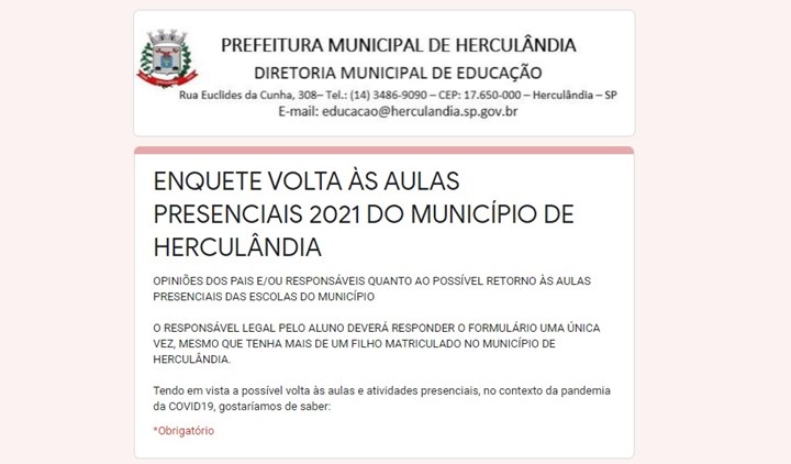 Herculândia lança consulta pública para votação sobre retorno às aulas presenciais em 2021.
