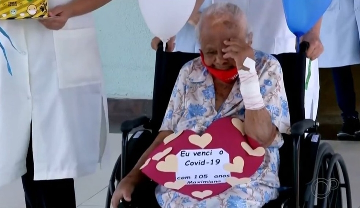 Dentre os pacientes que tiveram alta está a Dona Massu, de 105 anos: emoção ? Foto: TV TEM/Reprodução
