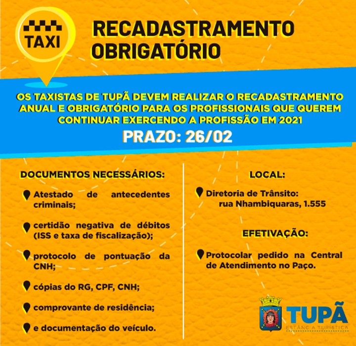 Recadastramento de taxistas permanece aberto até a próxima semana.