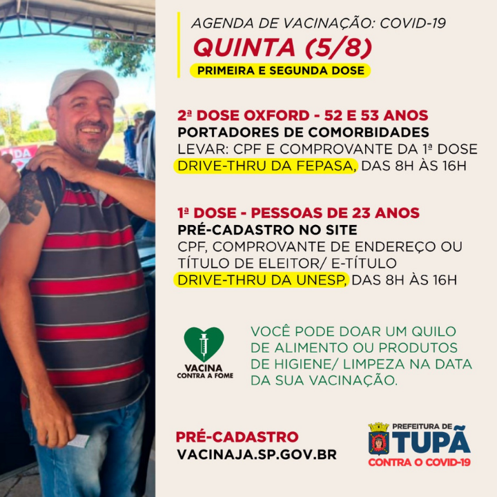Imagem para divulgação da Campanha de Imunização Contra Covid-19 enviada pela Prefeitura de Tupã