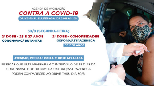 Atrasados da 2ª dose de CoronaVac ou Oxford podem ser vacinados dia 30