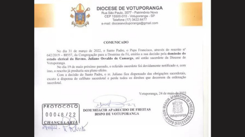 Comunicado foi divulgado pela Diocese de Votuporanga (SP) — Foto: Diocese de Votuporanga/Divulgação