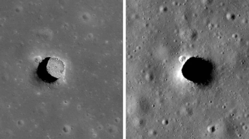 Fotos do poço lunar de Marius Hills em horários diferentes - NASA/GSFC/Arizona State University