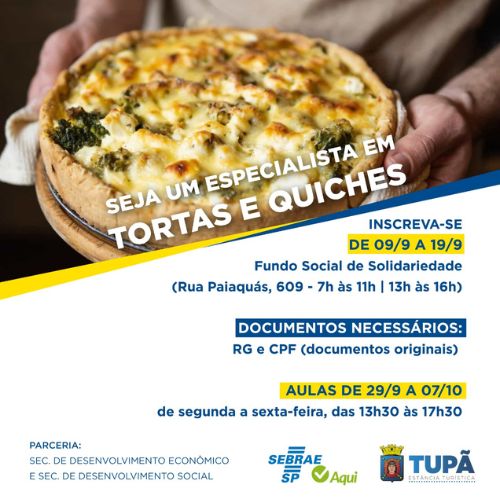 Inscrições para curso de especialização em Tortas e Quiches terminam na segunda-feira (19)