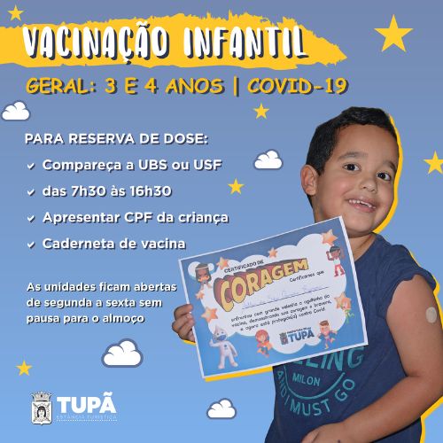 Vacinação contra a covid-19 para crianças de 3 a 4 anos está liberada em Tupã (Foto: Reprodução)