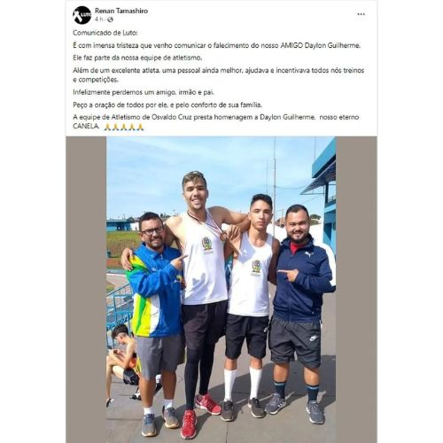 Renan Tamashiro, professor de atletismo, homenageou o atleta nas redes sociais — Foto: Redes sociais