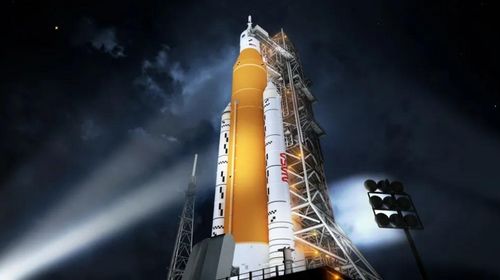 A missão Artemis, para a Lua, vai usar o foguete SLS — Foto: NASA
